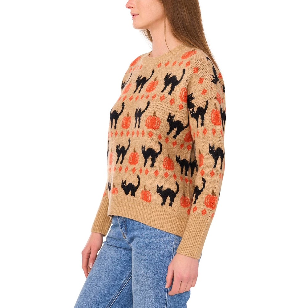NWT Vince Camuto Womens Halloween Black Cat Pumpkin Sweater Tan Size M - Picture 3 of 5